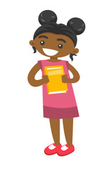 Full length of happy little african-american smiling girl standing with book in hands. The concept of childhood and education. Vector cartoon illustration isolated on white background.