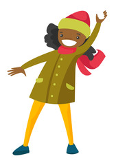 Young happy african-american woman playing snowball fight and having fun in snow in winter. Concept of outdoor winter leisure activity. Vector cartoon illustration isolated on white background.