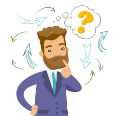 Young confused caucasian white hipster businessman thinking while standing under question mark and arrows. Concept of business thinking. Vector cartoon illustration isolated on white background.
