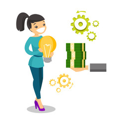 Young caucasian white business woman exchanging her business idea light bulb for stack of money. Business woman selling her business idea. Vector cartoon illustration isolated on white background.