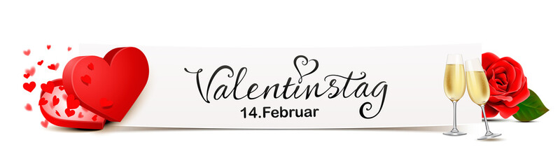Valentinstag - Banner mit offener Herz Schachtel, Herz Konfetti, Sekt und roter Rose 