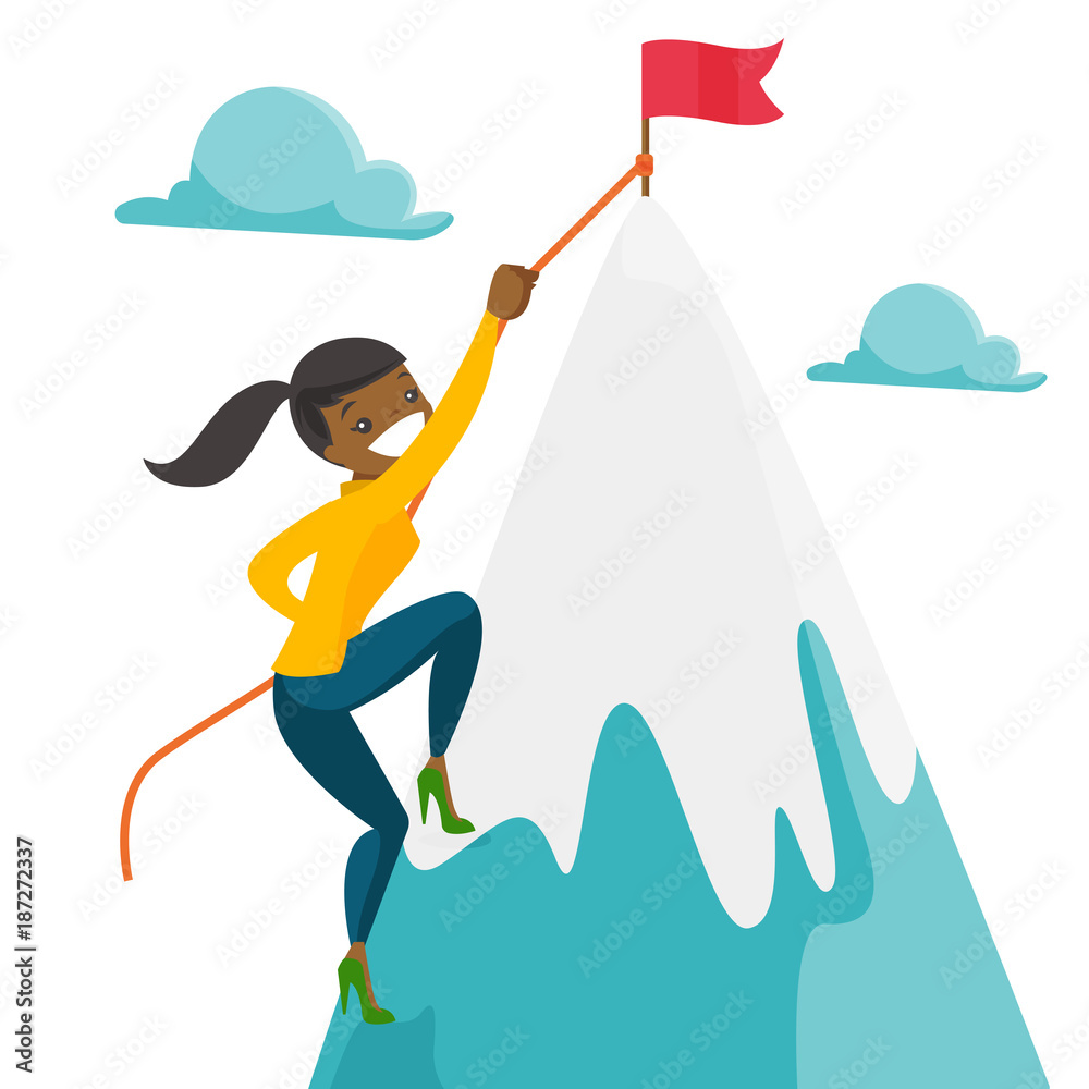 Wall mural risky african woman climbing on the peak of mountain with a flag symbolizing business goal. business