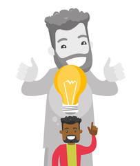 Young cheerful african-american businessman giving idea light bulb to his partner. Business partnership, innovation and business idea concept. Vector cartoon illustration isolated on white background.