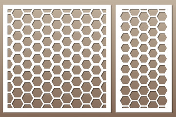 Set decorative card for cutting. Pentagon grid pattern. Laser cut. Ratio 1:1, 1:2. Vector illustration.