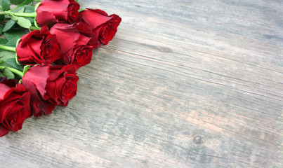 Valentine's Day Red Roses Over Wooden Background, Horizontal, Copy Space