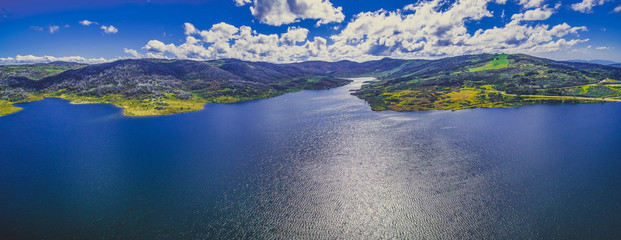 Aerial panorama of Rocky Valley water storage on bright summer day. Victoria, Australia