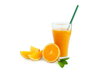 A glass of orange juice and a slice of orange isolated on white background with clipping path