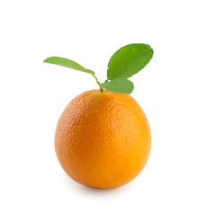 An orange with green leaf isolated on white background with clipping path