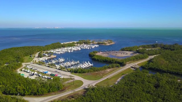 Aerial drone video marina boat harbor Biscayne Bay Florida