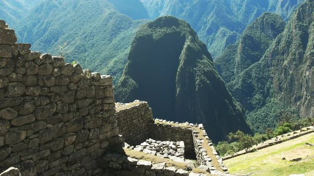 wall construction detail at peru's famous incan city of machu picchu