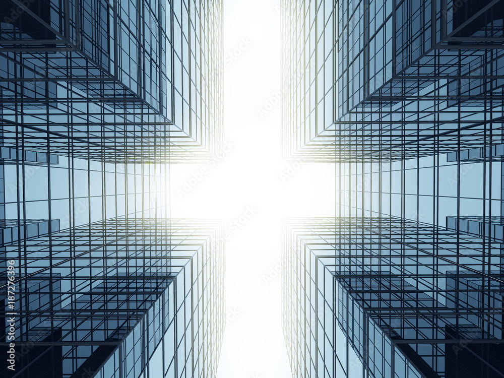 Aufkleber perspective of high rise glass building in square view and dark steel window system on blue clear sk