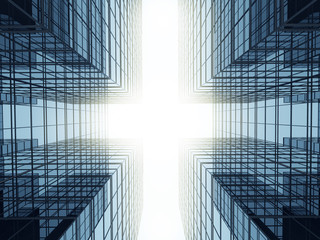 Perspective of high rise glass building in square view and dark steel window system on blue clear sky background,Business concept of future architecture.