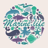 Marine life icons in the form of a circle