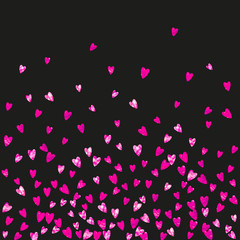Valentines day heart with pink glitter sparkles. February 14th day. Vector confetti for valentines day heart template. Grunge hand drawn texture. Love theme for gift coupons, vouchers, ads, events.