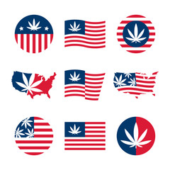 American flag, USA map and cannabis - vector illustration and logo design elements. Marijuana legalization emblens