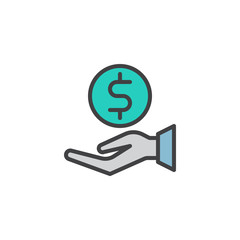 Donation hands with dollar money filled outline icon, line vector sign, linear colorful pictogram isolated on white. Charity  symbol, logo illustration. Pixel perfect vector graphics