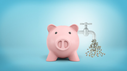3d rendering of a pink piggy bank stands in front view with a faucet leaking dollar bills attached to its side.