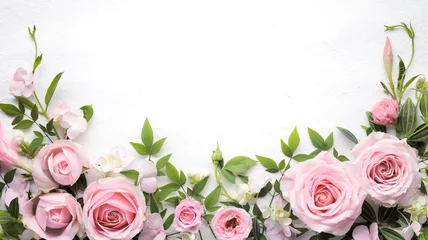 Gordijnen Roze bloem met bladeren frame © Li Ding
