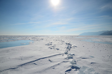 Lake Baikal in winter. Cracks and hummocks
