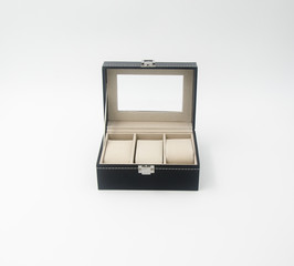 jewelry box or black leather jewelery box on background.