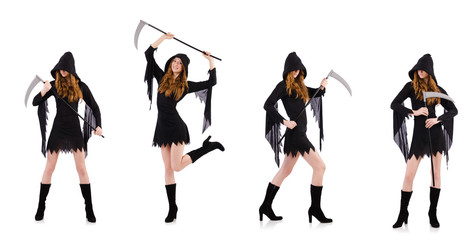 Young witch with scythe isolated on white