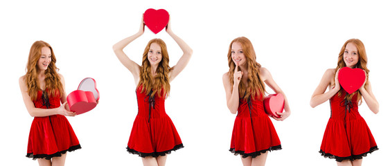 Young girl in red dress with  heart casket isolated on white