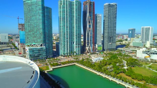 Stock footage modern highrise condominiums Downtown Miami drone shot 4k