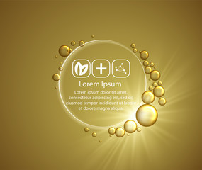 Beauty skin care design over golden backdrop. Vector illustration.Shining golden essence droplet.Bubbles oil Serum Skin Care Cosmetic.Collagen Sollution. Vector 3d illustration