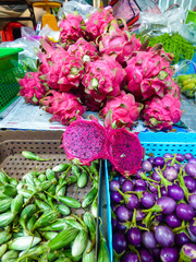 Dragon fruit and other vegetables for sale at a market in Hua Hin, Thailand