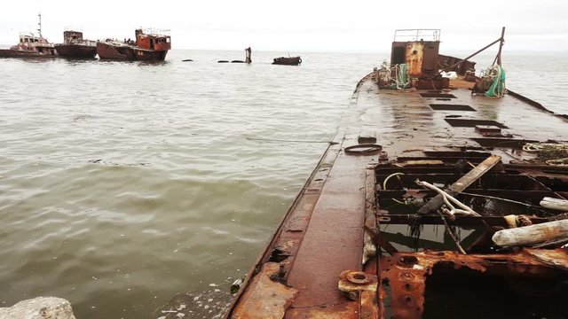 Graveyard of ships on the port of Sakhalin Island