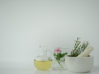 natural cosmetic skincare serum packaging with leaf, home made oil and beauty vitamin ingredient.organic product research the blank bottle container ,bio science . alternative medicine. spa.