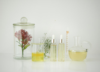 natural cosmetic skincare serum packaging with leaf, home made oil and beauty vitamin ingredient.organic product research the blank bottle container ,bio science . alternative medicine. spa.