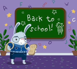 Cute funny little rabbit animal student in school uniform standing next to blackboard in the calssroom, back to school concept vector Illustration