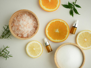 natural cosmetic skincare serum packaging with leaf, home made oil and beauty vitamin ingredient.organic product research the blank bottle container ,bio science . alternative medicine. spa.