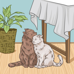 Cute cats hugging while sitting next to a table, room interior vintage style home vector Illustration