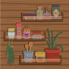 Different jars with herbs, spices and kitchenware utensils on wooden shelves vector illustration, design element for poster or banner