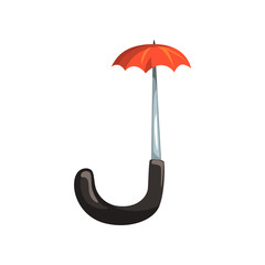 Letter J formed of red handle umbrella. Detailed cartoon character. Concept of English alphabet, ABC. Colored flat vector for mobile app, sticker or children book