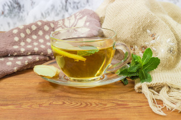 Tea with lemon, mint, ginger and woolen mittens, scarf outdoor