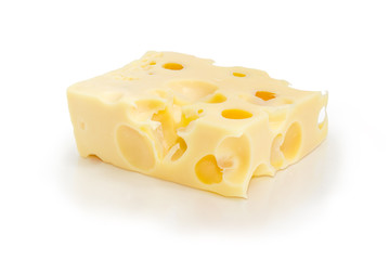 Piece of Swiss-type cheese on a white background
