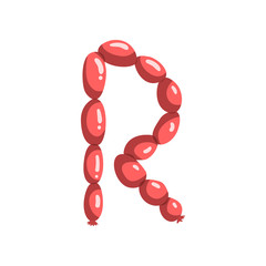 Isolated alphabet letter R created from chain of sausages. ABC concept. Cartoon flat vector design for banner, poster or flyer of butcher shop