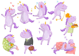 Cute funny unicorn in different poses and situations cartoon vector Illustrations