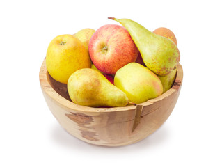 Apples and pears in the vintage wooden fruit dish