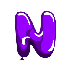 Cartoon letter N in shape of purple air balloon. English alphabet font for kids education. ABC concept. Flat vector design for promo banner, flyer or poster