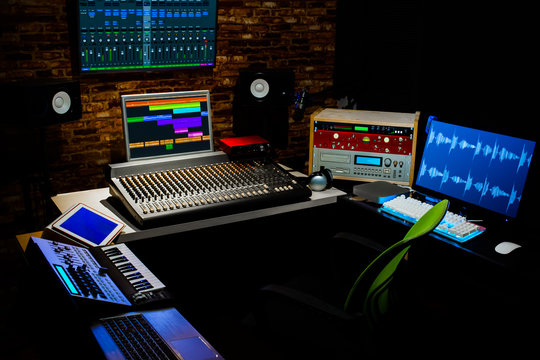 professional digital recording equipment in sound studio. music, recording, editing, broadcasting concept background