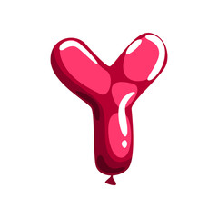 Capital letter Y made of red glossy air balloon. Funny education. Cartoon English alphabet font. Flat vector design for card, promotional poster or banner