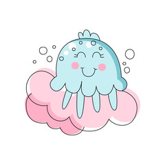 Flat line art of adorable blue jellyfish. Marine creature. Pink fluffy cloud on background. Children hand drawn style. Vector design for card, sticker or print