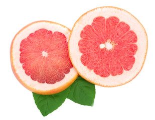 Grapefruit slices with leaves isolated on white background. Top view