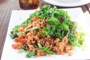 Crispy catfish salad in restaurant
