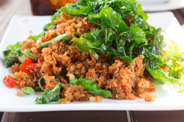 Crispy catfish salad in restaurant
