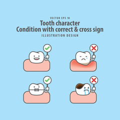 Tooth character Condition with correct & cross sign illustration vector on blue background. Dental concept.